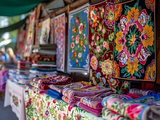 Fototapeta na wymiar the Hungarian Kalocsa embroidery, a vibrant spring fair, where folk art is proudly displayed in all its splendor, traditional Kalocsa motifs, such as floral patterns and intricate geometric designs