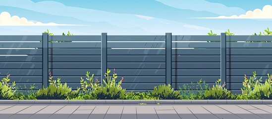 A wooden fence lines the land lot, with a sidewalk and lush green grass. Above, fluffy clouds float in the sky, while a rectangle building stands in the distance - obrazy, fototapety, plakaty
