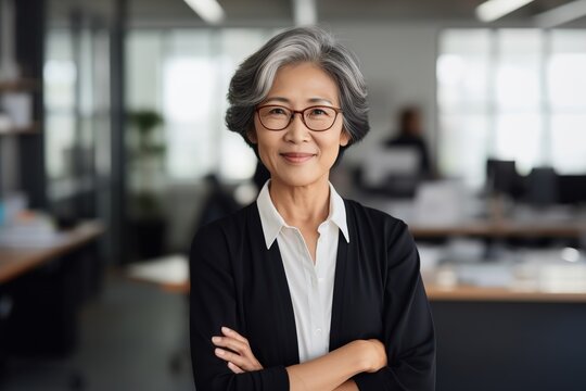 Happy smiling confident middle aged Asian older senior female leader businesswoman standing in modern office workplace looking at camera arms crossed. Business successful executive concept.