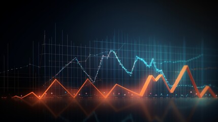  High quality, high resolution stock market graph on blue background with bokeh lights. Abstract financial business concept for wallpaper or web design in dark style. High detail, sharp focus, profess