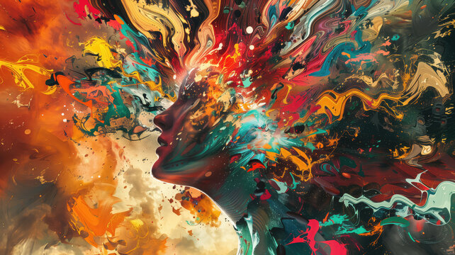 Generative AI illustration of annual collective mind concept art, exploding mind, inner world, dreams, emotions, imagination and creative mind, the pouring energy of the universe