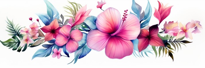 Tropical flowers with leaves - obrazy, fototapety, plakaty