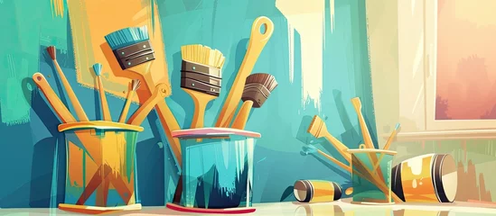 Kussenhoes A variety of paint brushes in shades of Green, Azure, and Aqua are displayed on a table, perfect for creating art in interior design or at a visual arts event © AkuAku