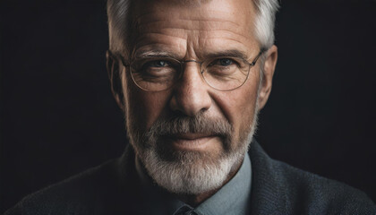 Obraz premium Portrait of a stern attractive older man with gray hair and a beard staring at the viewer with an intense expression.