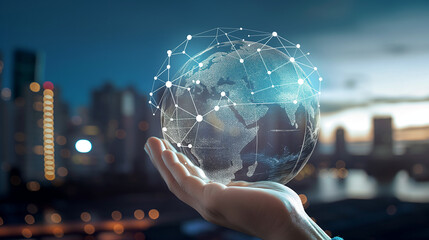 Title: "Global Digital Strategy"

Art Description: A hand touches a digital globe with network connections, showcasing business technology against a city backdrop.