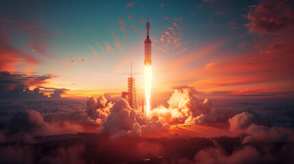 Spectacular Rocket Launch at Sunrise with Dramatic Cloudscape - obrazy, fototapety, plakaty