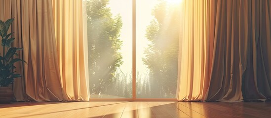 The sunlight is streaming through the curtains of a sliding glass door in the building, illuminating the wooden floor and highlighting the texture of the textile curtains