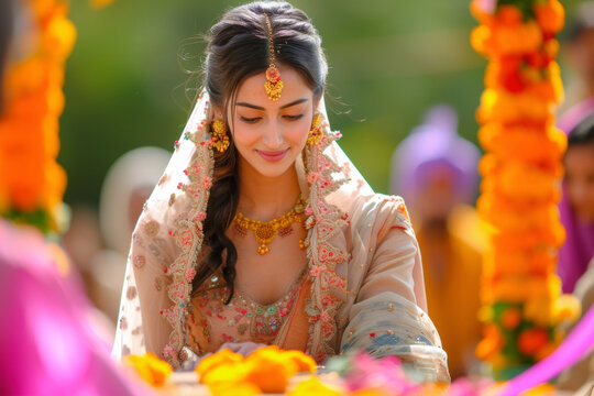 Indian bride dressed in Hindu traditional wedding clothes lehenga embroidered with gold and with golden accessories. Indian wedding