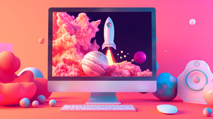 3D Render of Rocket Launching from Vibrant Computer Screen