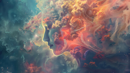 Generative AI illustration of annual collective mind concept art, exploding mind, inner world, dreams, emotions, imagination and creative mind, the pouring energy of the universe - obrazy, fototapety, plakaty