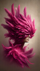 Naklejka premium A striking vertical portrait of a figure with a headpiece composed of cascading magenta feathers, giving the illusion of movement