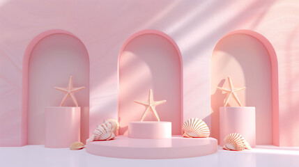 Marine theme podium mockup,summer starfish shell decoration,for cosmetics, products,perfumes or jewelry
