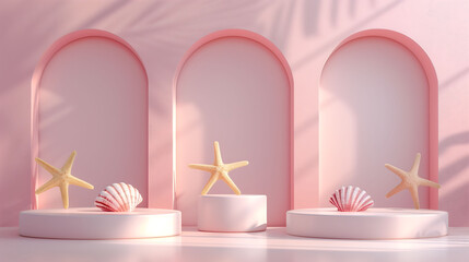 Marine theme podium mockup,summer starfish shell decoration,for cosmetics, products,perfumes or jewelry
