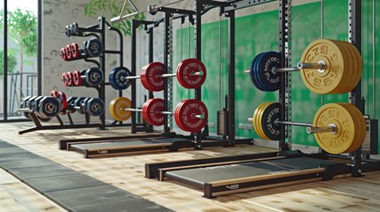 a gym's strength training zone, featuring squat racks, barbells, and weight plates, capturing the spirit of bodybuilding.