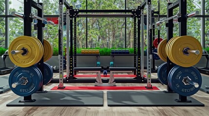 a gym's strength training zone, featuring squat racks, barbells, and weight plates, capturing the spirit of bodybuilding.
