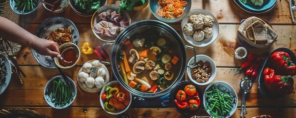 Plant-based hotpot delight showcasing a variety of veggies in a flavorful