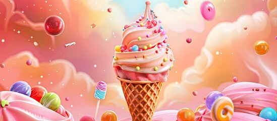 An ice cream cone, surrounded by candy and balloons, sits on a pink background. The happy, sweet scene is filled with frozen dessert delights like gelato and sorbetes - obrazy, fototapety, plakaty