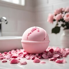 Pink bath bomb with rose pental in spa