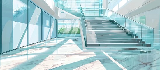 A modern building with a glass railing staircase and numerous windows providing views of the lush greenery outside, including trees, grass, and an aqua facade - obrazy, fototapety, plakaty