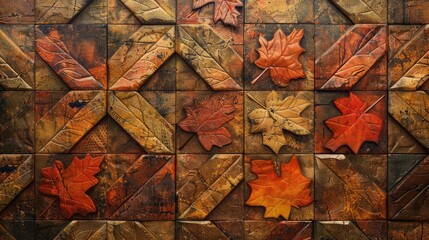 A rustic wall texture with 3D tiles, each bearing a geometric leaf design in autumn colors of orange, red, and brown. The warm hues create a cozy and inviting atmosphere.
