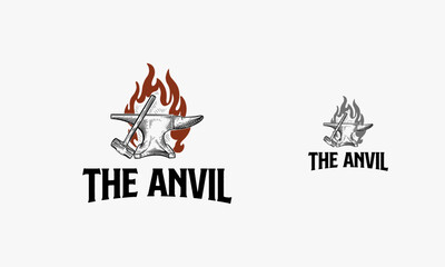 hand drawn vintage the anvil with fire logo, Blacksmith fire logo template design vector