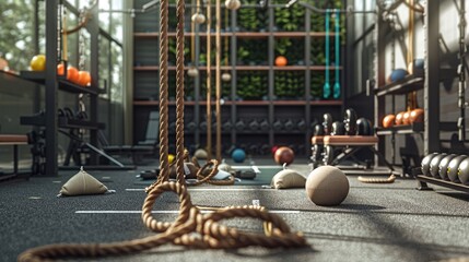  functional fitness area with ropes, medicine balls, and sandbags, highlighting elements of...