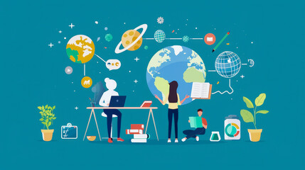Illustration of three individuals working on laptops surrounded by icons representing technology, communication, the environment, and global connectivity.