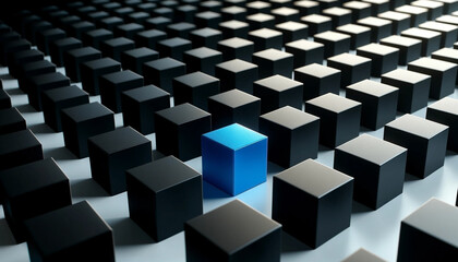 An array of three-dimensional black cubes arranged neatly on a white surface, among these cubes, one in the center is painted a bright, electric blue  - Generative AI