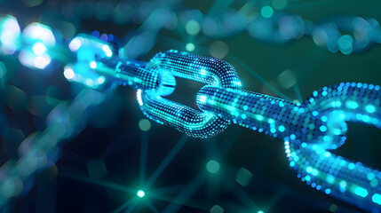 A blockchain protocol, neon light blue and green with white space.