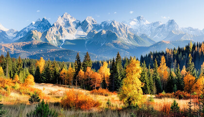 Fototapeta na wymiar A scenic autumn landscape with vibrant fall colors, snow-capped mountain peaks, and a clear blue sky in the background.