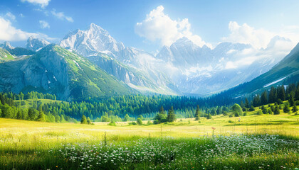 A scenic landscape showcasing vivid green meadows, a diversity of flora, majestic snow-capped mountains, and a bright blue sky.