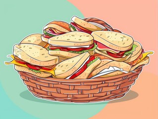 Basket of sandwiches clipart with assorted fillings, picnic Summer fashion theme,  2D illustration, isolate on soft color background
