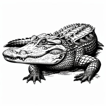 recommend clip art: Intricate black and white drawing of an alligator, showcasing detailed scales and texture.