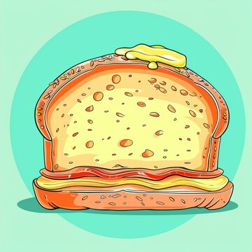 Bread slice clipart with butter spread on top, picnic Summer fashion theme,  2D illustration, isolate on soft color background