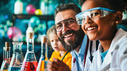 Adult and children in lab coats smiling with colorful chemical solutions in beakers at a science experiment station. - obrazy, fototapety, plakaty