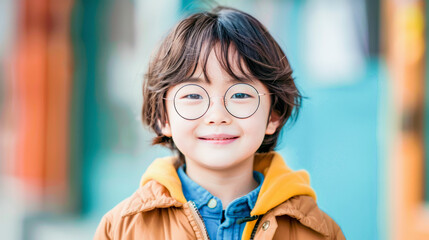 A smiling child with glasses wearing a yellow jacket and a blue shirt, with a blurred colorful background.