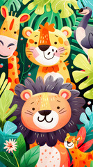 Colorful illustration of cute jungle animals, including a lion, tiger, giraffe, and ostrich, surrounded by lush green foliage.
