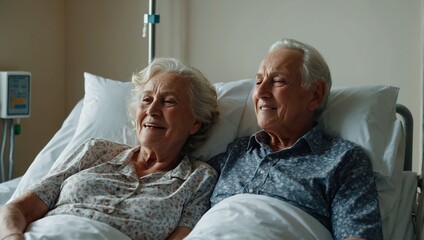 Happy senior couple lying in a hospital ward, nursing home, on beds. - obrazy, fototapety, plakaty