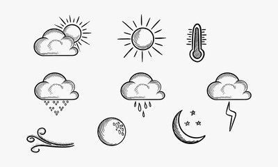 Set of vintage weather icons Hand drawn vector illustration - obrazy, fototapety, plakaty