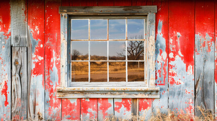 A weathered red barn wall with a white window overlooking a barren field and leafless trees under a cloudy sky.