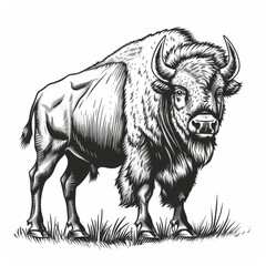 Black and white illustration of a bison in a detailed engraving style, evoking a classic, vintage feel. - obrazy, fototapety, plakaty