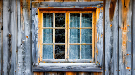 A weathered wooden window frame with a six-pane glass window on a rustic, textured, grey wooden wall.