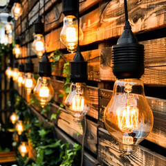 String of illuminated vintage-style light bulbs hanging against a wooden wall, creating a warm, cozy outdoor ambiance.