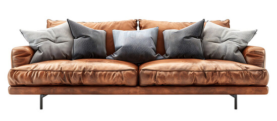 an old brown leather sofa with grey pillows, isolated on a white background