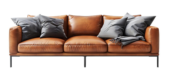  an old brown leather sofa with grey pillows, isolated on a white background