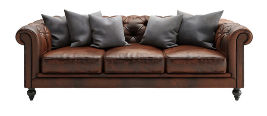  brown leather sofa with grey pillows isolated on a white background