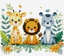 Colorful illustration of cute cartoon animals, a giraffe, lion, and bear, surrounded by green leaves and yellow flowers.