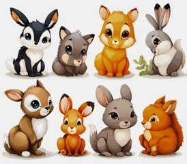 Illustration of eight cute cartoon animals including variations of rabbits, squirrels, and a fawn with large expressive eyes.