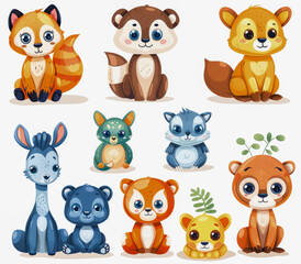 Set of cute cartoon animals including a raccoon, panda, fennec fox, and others, depicted in a whimsical, colorful style.
