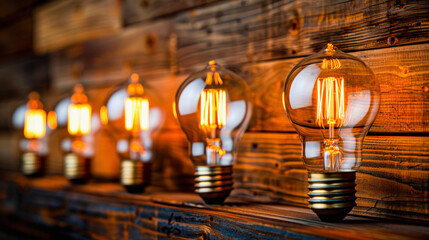 Naklejka premium A row of illuminated vintage Edison light bulbs against a wooden backdrop, providing a warm, rustic atmosphere.